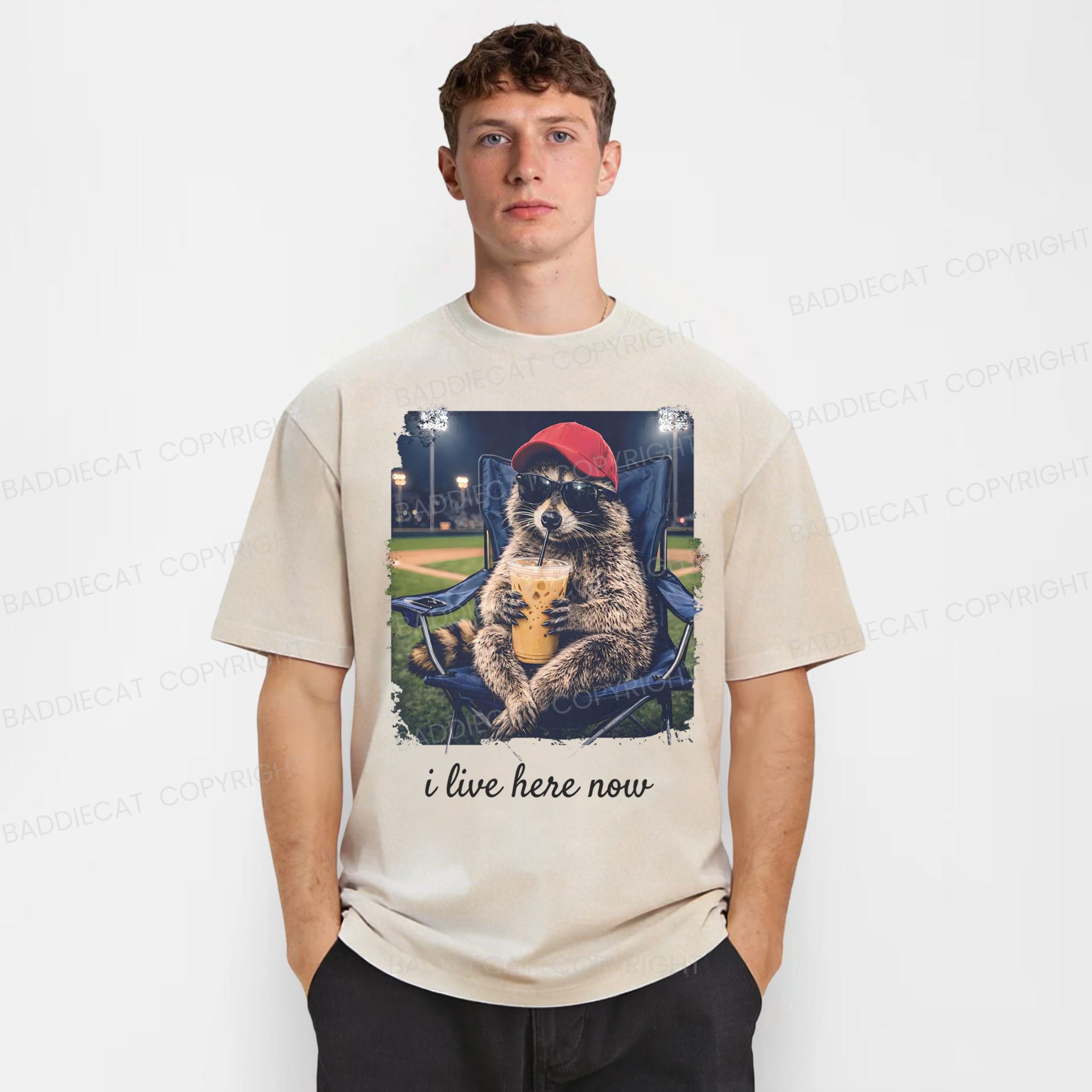 Baddiecat Raccoon I Live Here Now Washed T-shirt