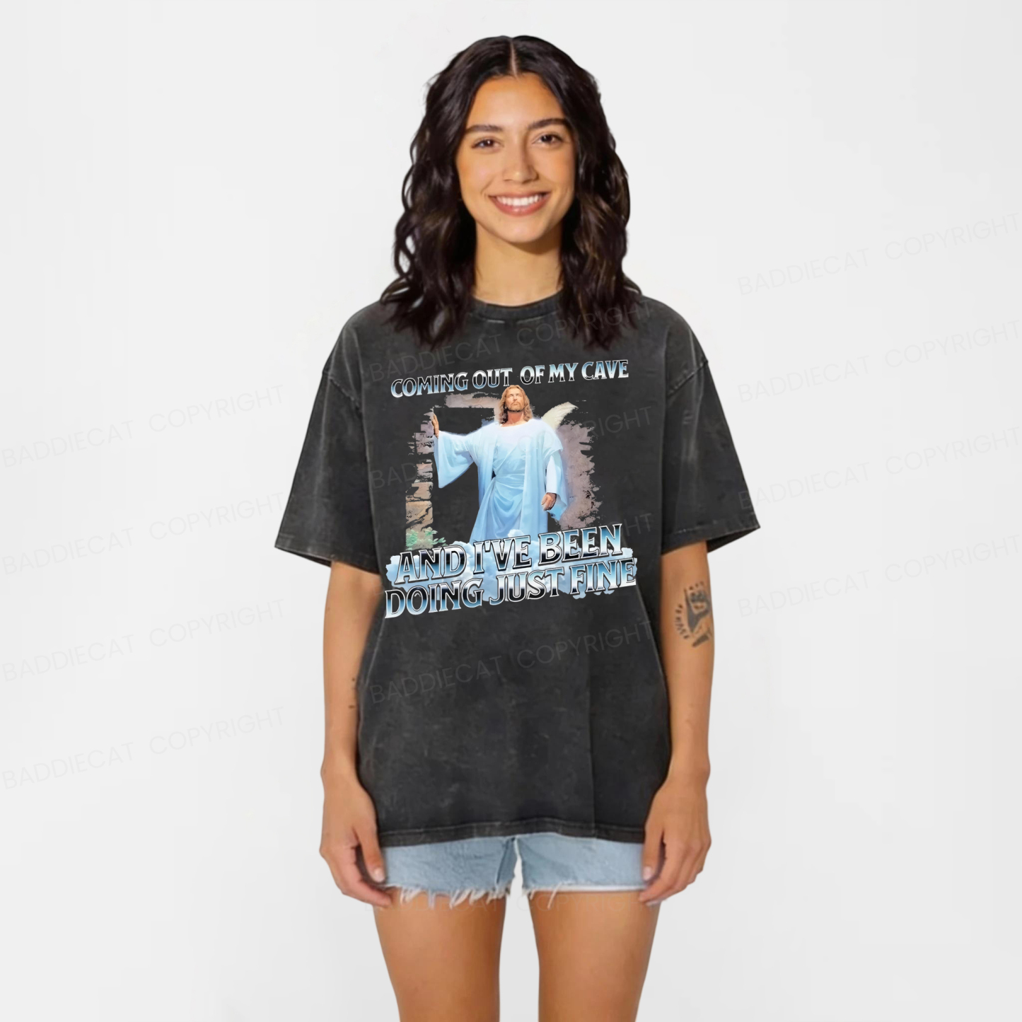 Baddiecat Jesus Coming Out Of My Cave Washed T-shirt