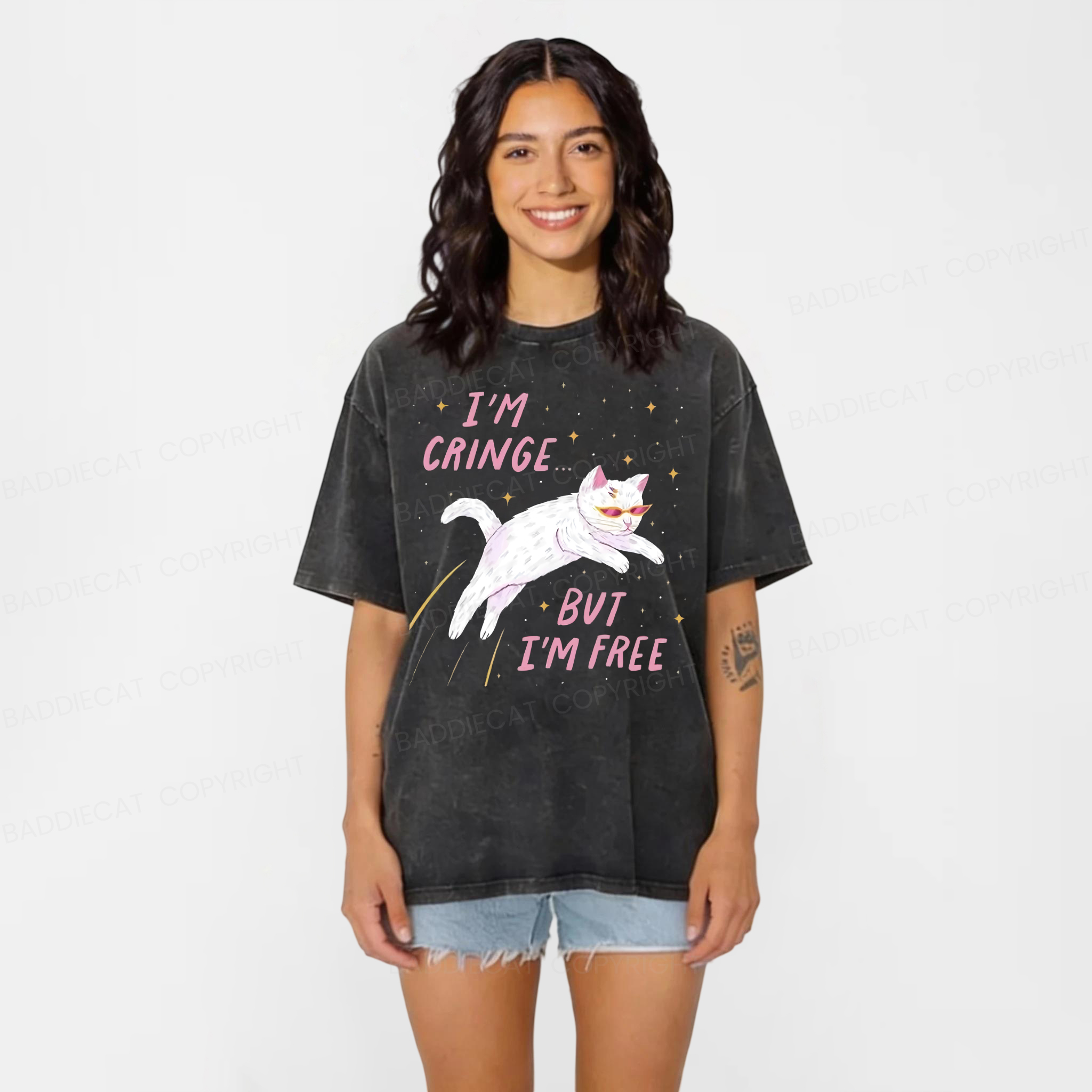 Baddiecat I'm Cringe But I'm Free Funny Cat Washed T-shirt