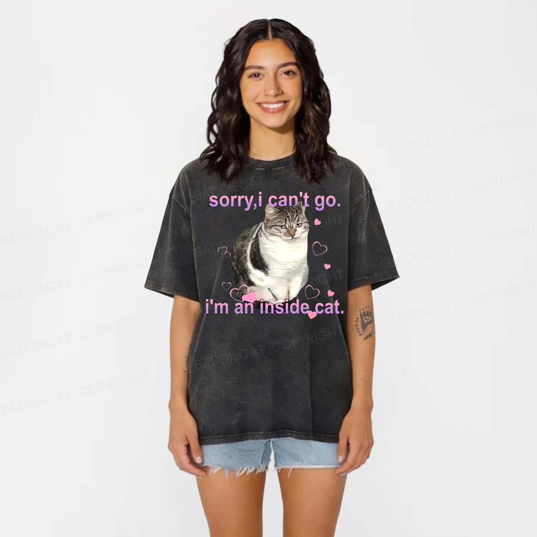 Baddiecat Sorry I Can't Go I'm An Inside Cat Meme Washed T-shirt