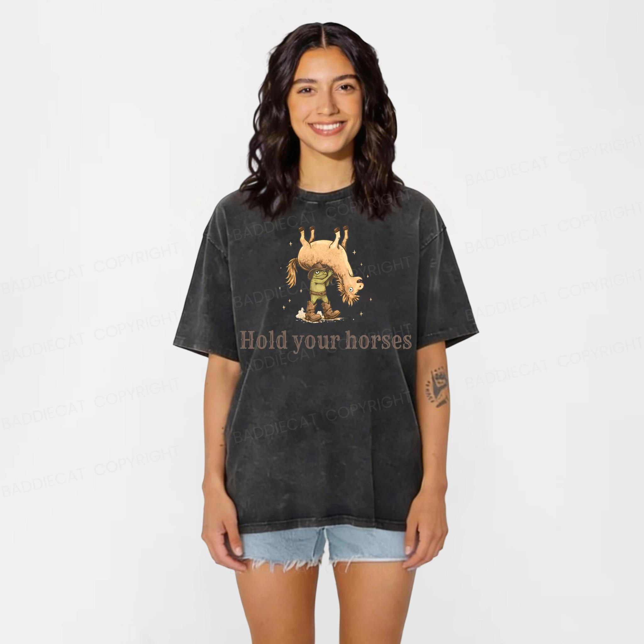 Baddiecat Hold Your Horses Cowboy Frog Washed T-shirt
