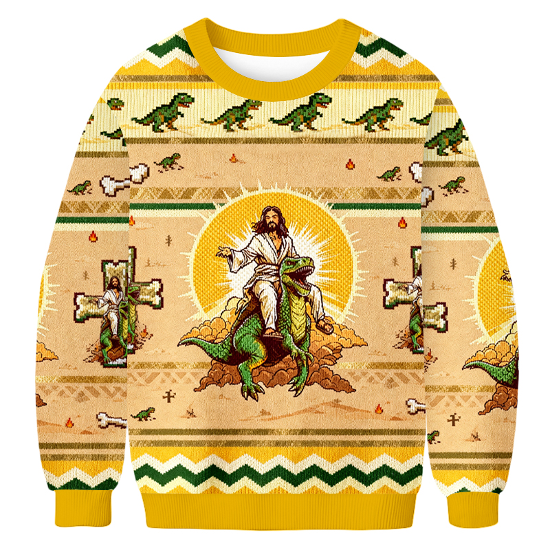 Baddiecat Jesus Riding Dinosaur Ugly Sweatshirt