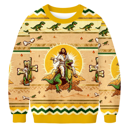 Baddiecat Jesus Riding Dinosaur Ugly Sweatshirt