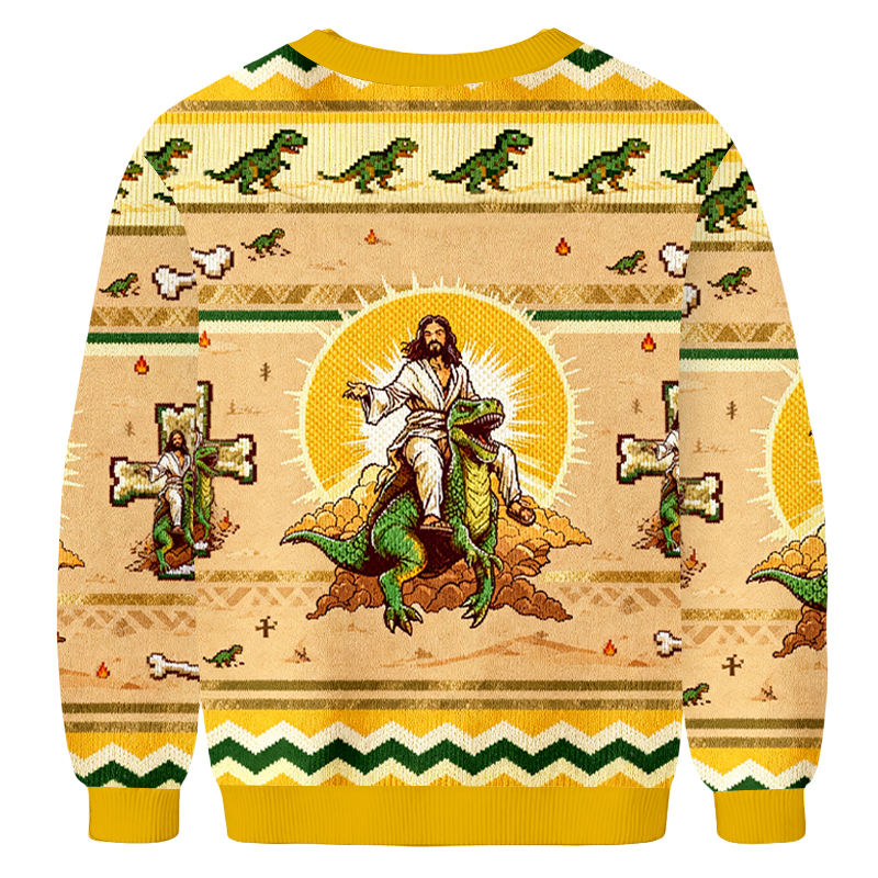 Baddiecat Jesus Riding Dinosaur Ugly Sweatshirt