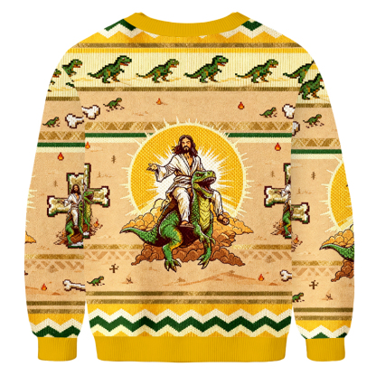 Baddiecat Jesus Riding Dinosaur Ugly Sweatshirt