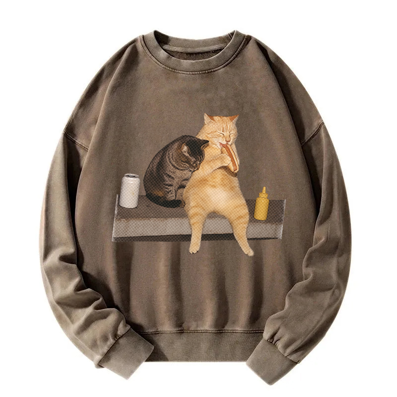 Cat Eating Hot Dog Washed Sweatshirt