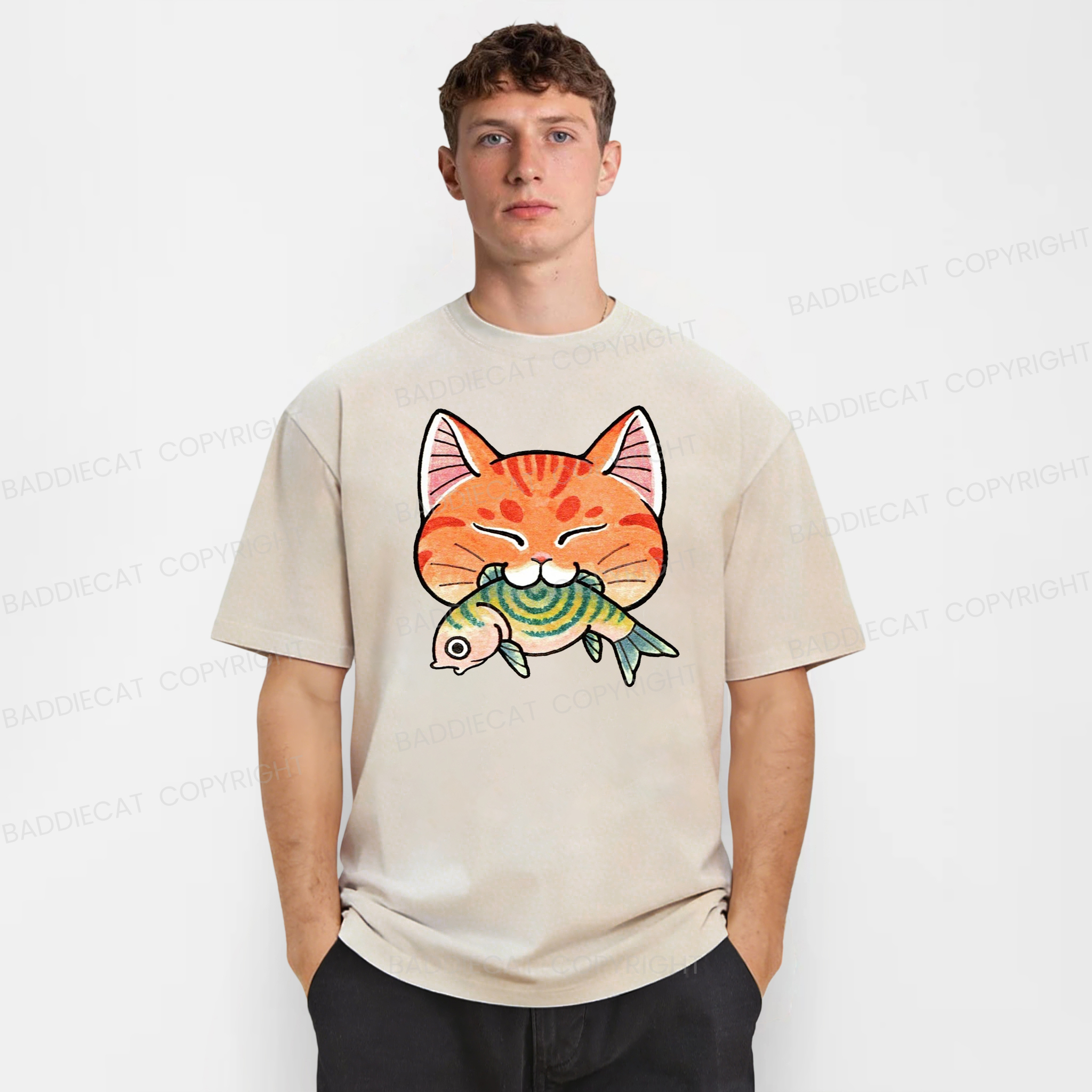 Baddiecat Japanese Cat Eating Washed T-shirt