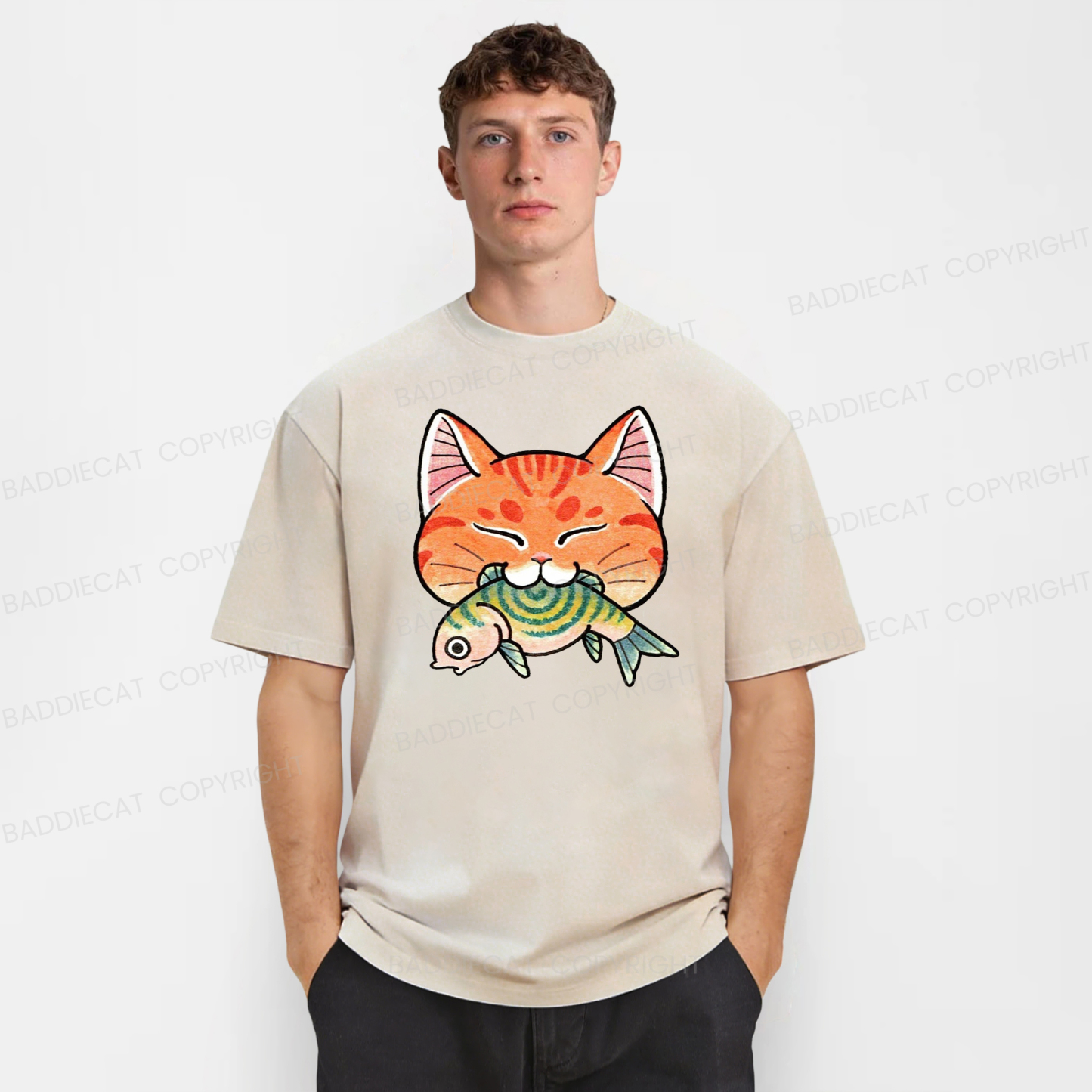 Baddiecat Japanese Cat Eating Washed T-shirt