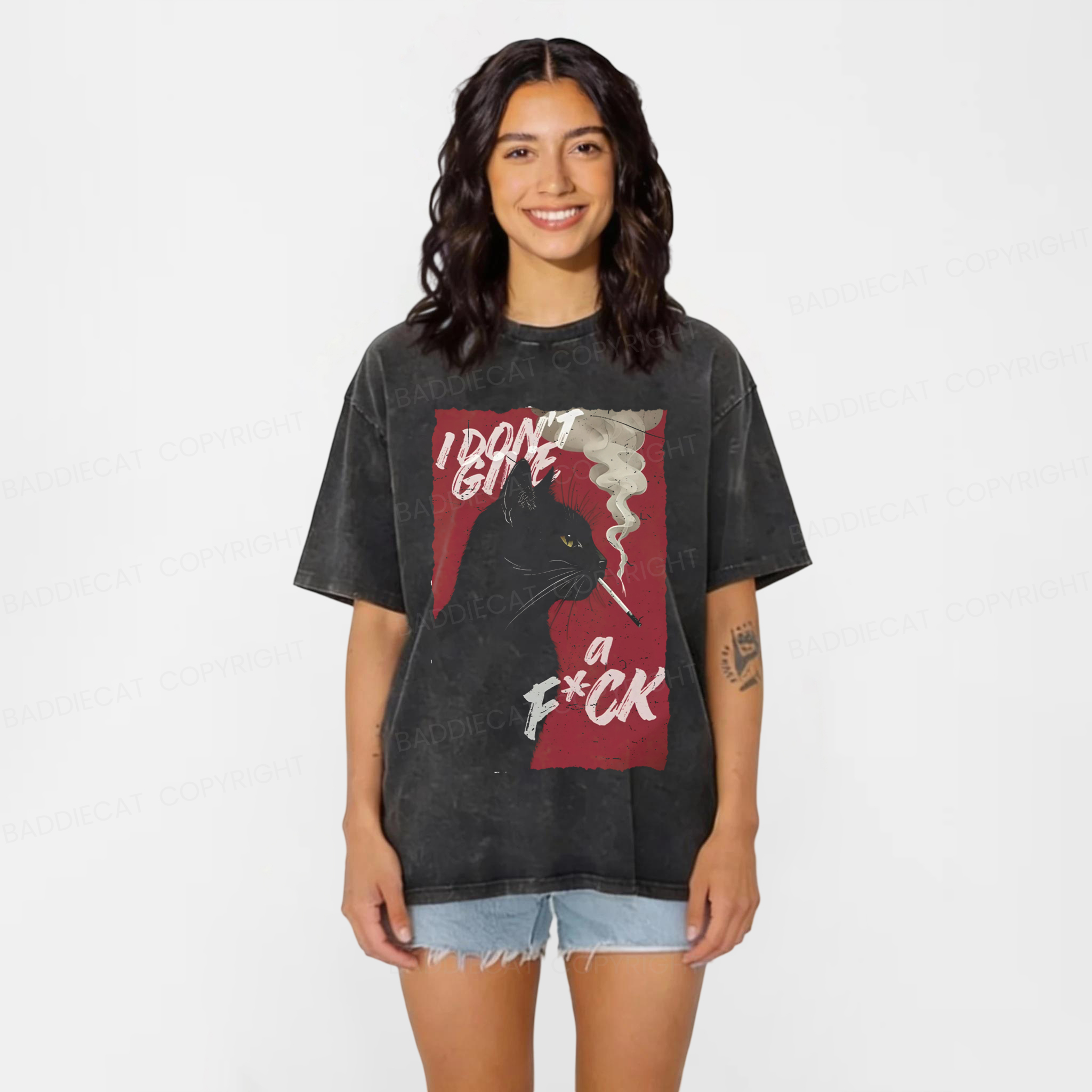 Baddiecat Rebellious Black Cat Washed T-shirt