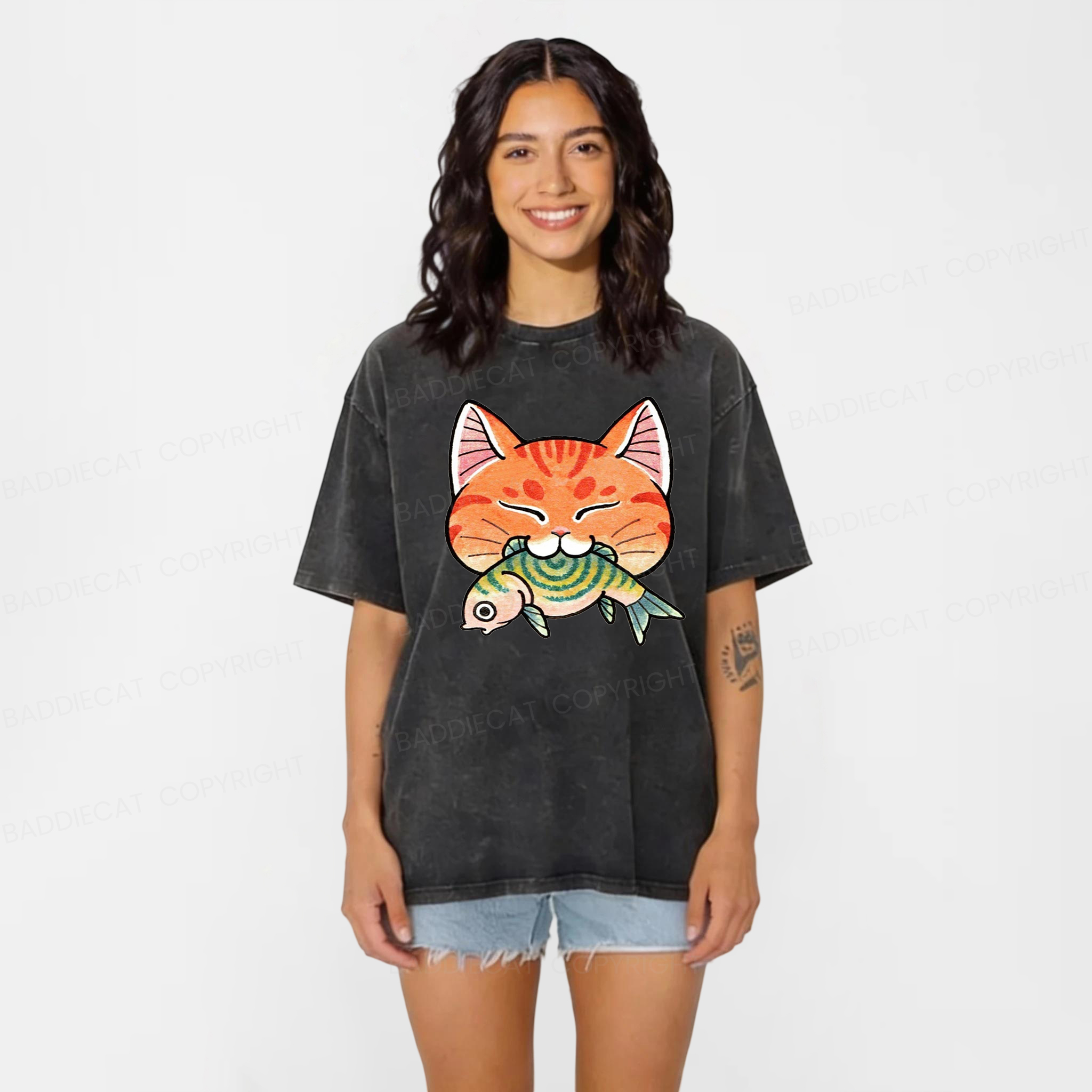 Baddiecat Japanese Cat Eating Washed T-shirt