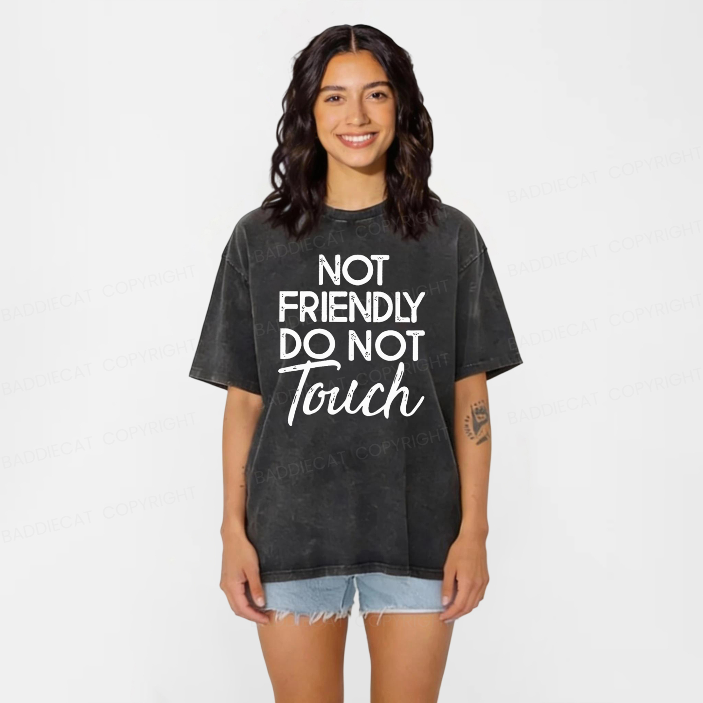 Baddiecat Not Friendly Do Not Touch Washed T-shirt