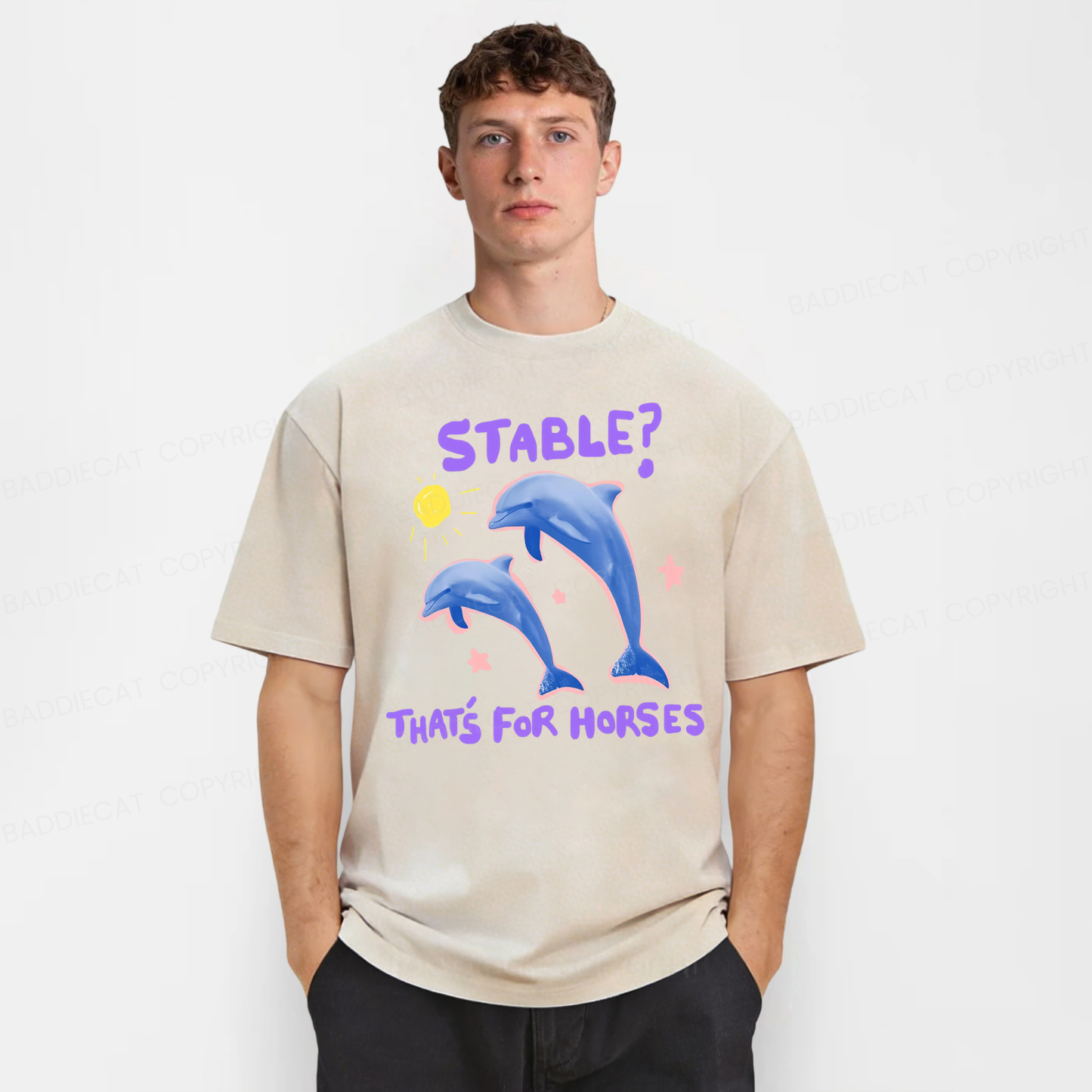 Baddiecat Funny Dolphin Washed T-shirt