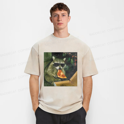 Baddiecat Raccoon Eating Pizza Washed T-shirt