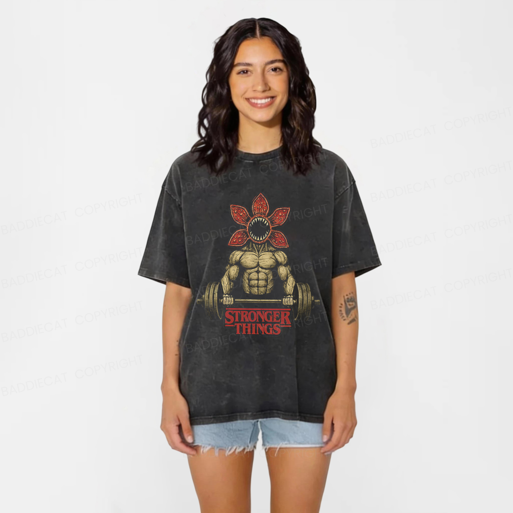 Baddiecat Demogorgon Weightlifting Stronger Things Washed T-shirt