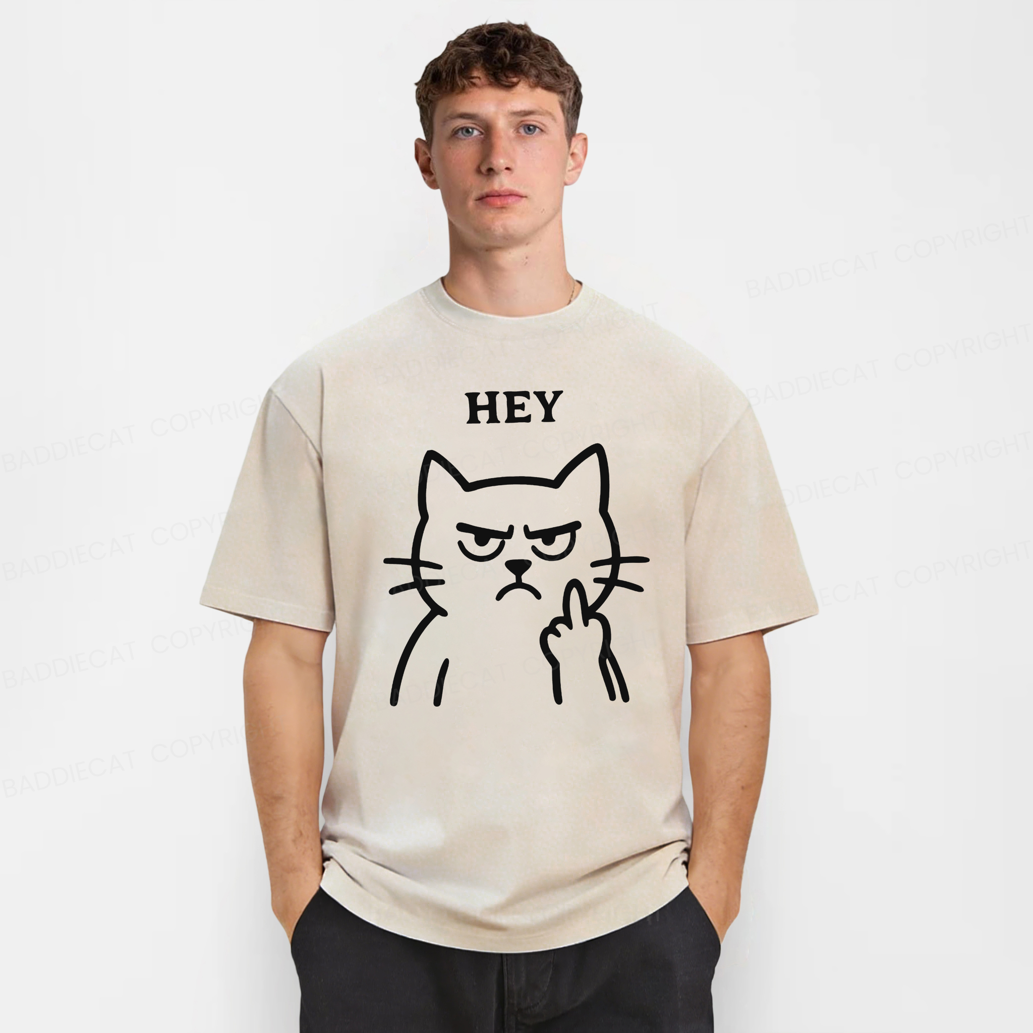 Baddiecat Hey Funny Cat Washed T-shirt