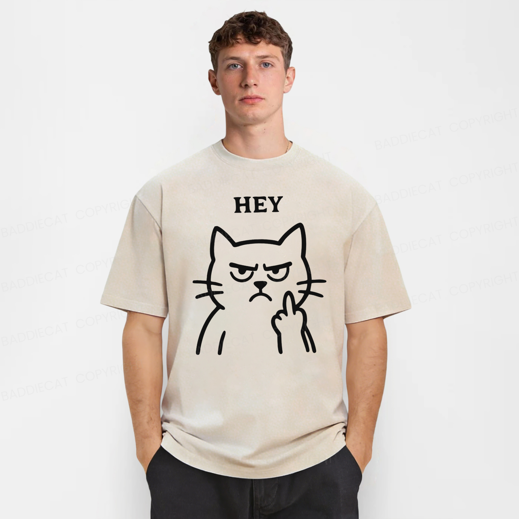 Baddiecat Hey Funny Cat Washed T-shirt