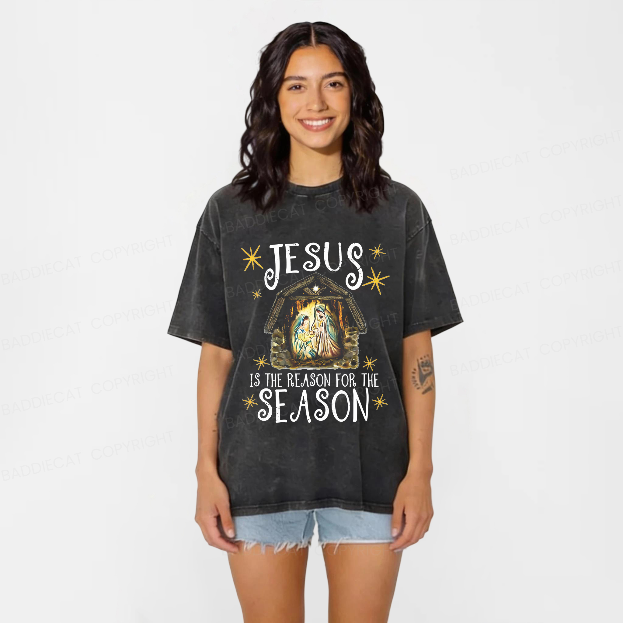 Baddiecat Jesus Is The Reason For The Season Washed T-shirt