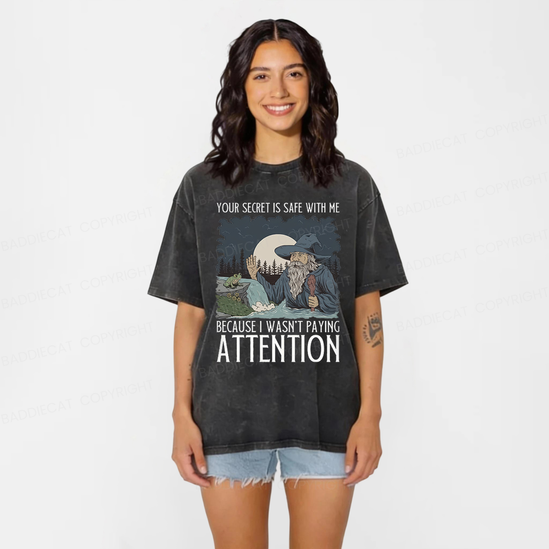 Baddiecat Funny Wizard Your Secret Is Safe With Me Washed T-shirt