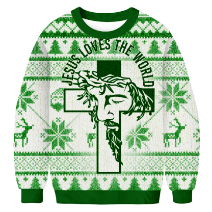 Baddiecat JESUS LOVES THE WORLD Christmas Ugly Sweatshirt