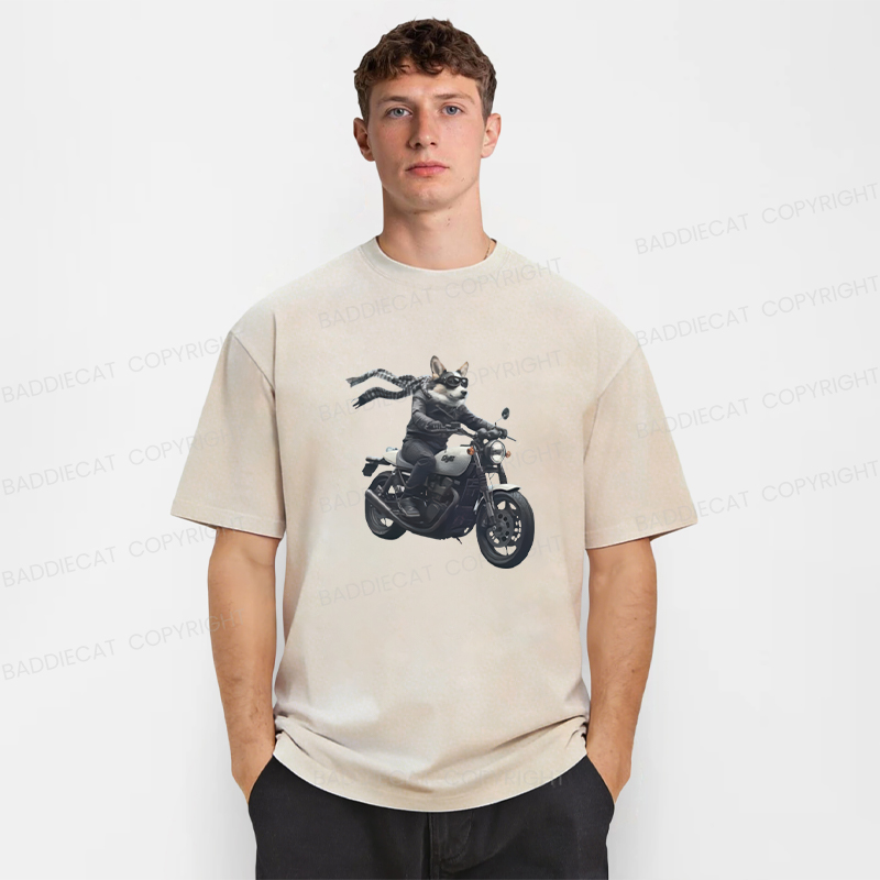 Baddiecat Corgi Biker Riding Motorcycle Washed T-shirt