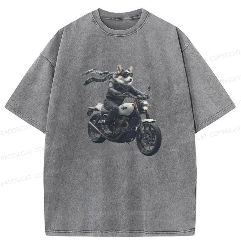 Baddiecat Corgi Biker Riding Motorcycle Washed T-shirt