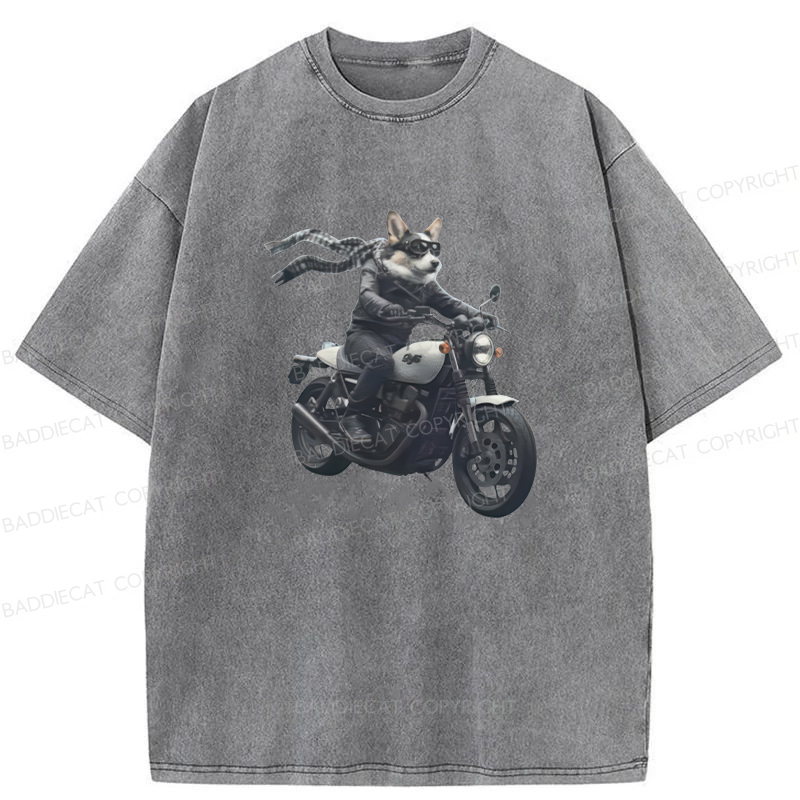 Baddiecat Corgi Biker Riding Motorcycle Washed T-shirt