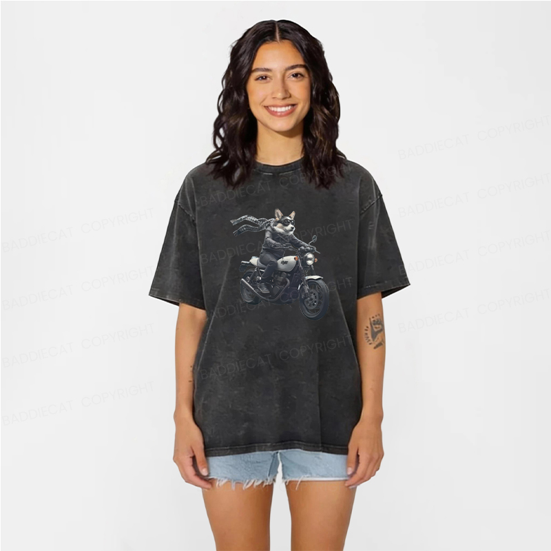 Baddiecat Corgi Biker Riding Motorcycle Washed T-shirt