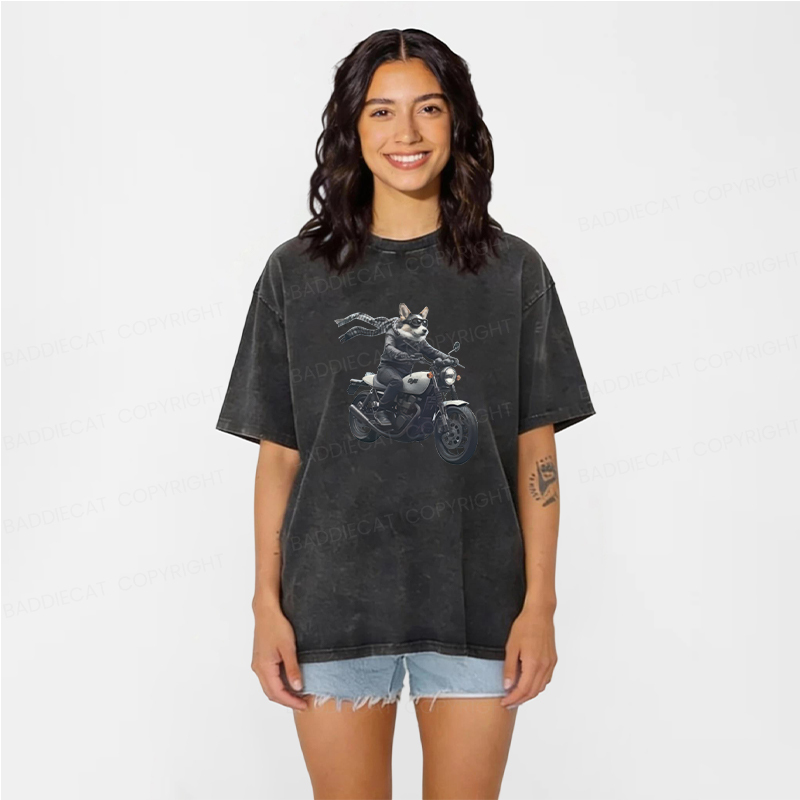 Baddiecat Corgi Biker Riding Motorcycle Washed T-shirt