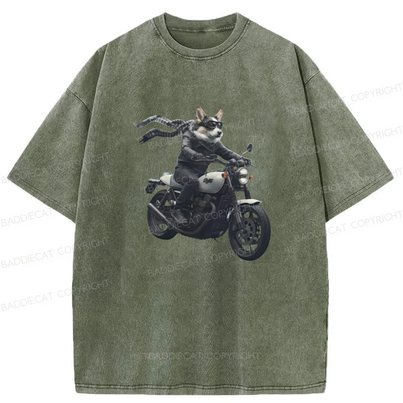 Baddiecat Corgi Biker Riding Motorcycle Washed T-shirt
