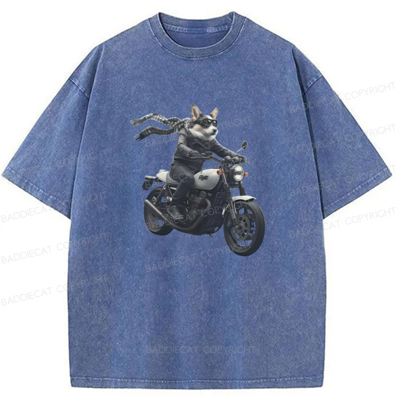 Baddiecat Corgi Biker Riding Motorcycle Washed T-shirt