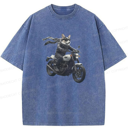 Baddiecat Corgi Biker Riding Motorcycle Washed T-shirt