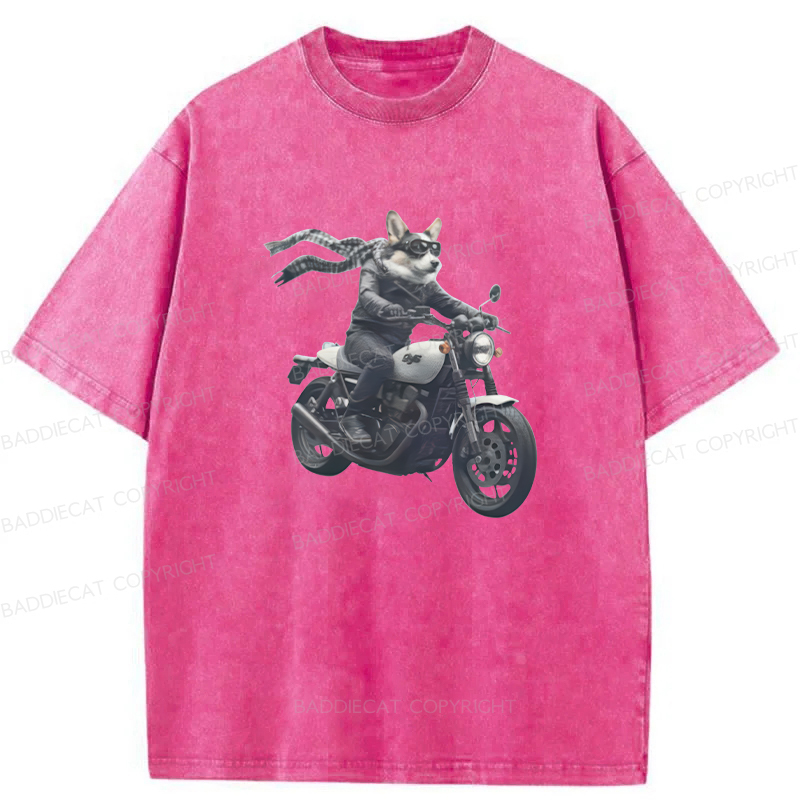Baddiecat Corgi Biker Riding Motorcycle Washed T-shirt