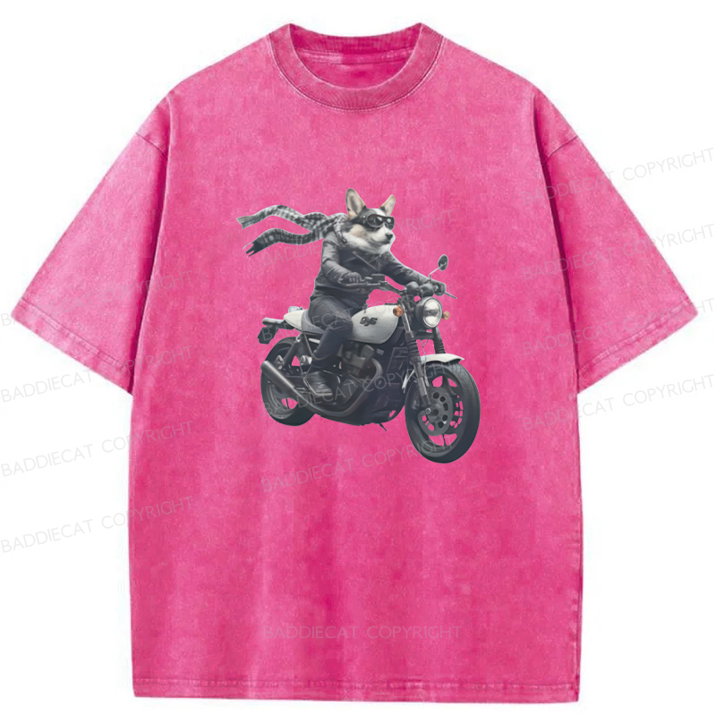 Baddiecat Corgi Biker Riding Motorcycle Washed T-shirt