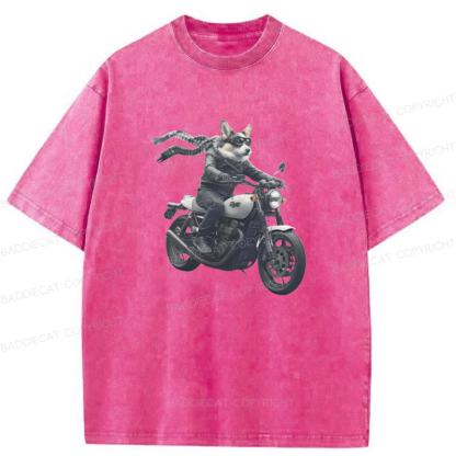Baddiecat Corgi Biker Riding Motorcycle Washed T-shirt