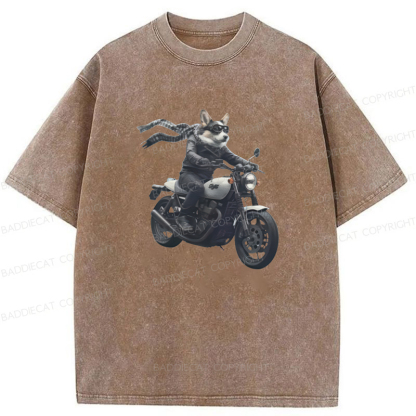 Baddiecat Corgi Biker Riding Motorcycle Washed T-shirt