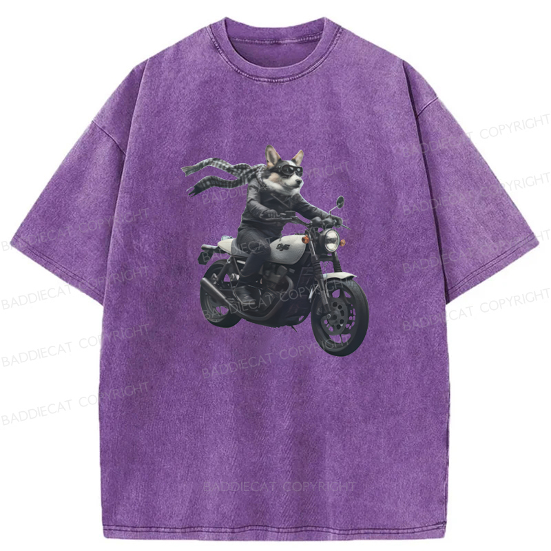 Baddiecat Corgi Biker Riding Motorcycle Washed T-shirt