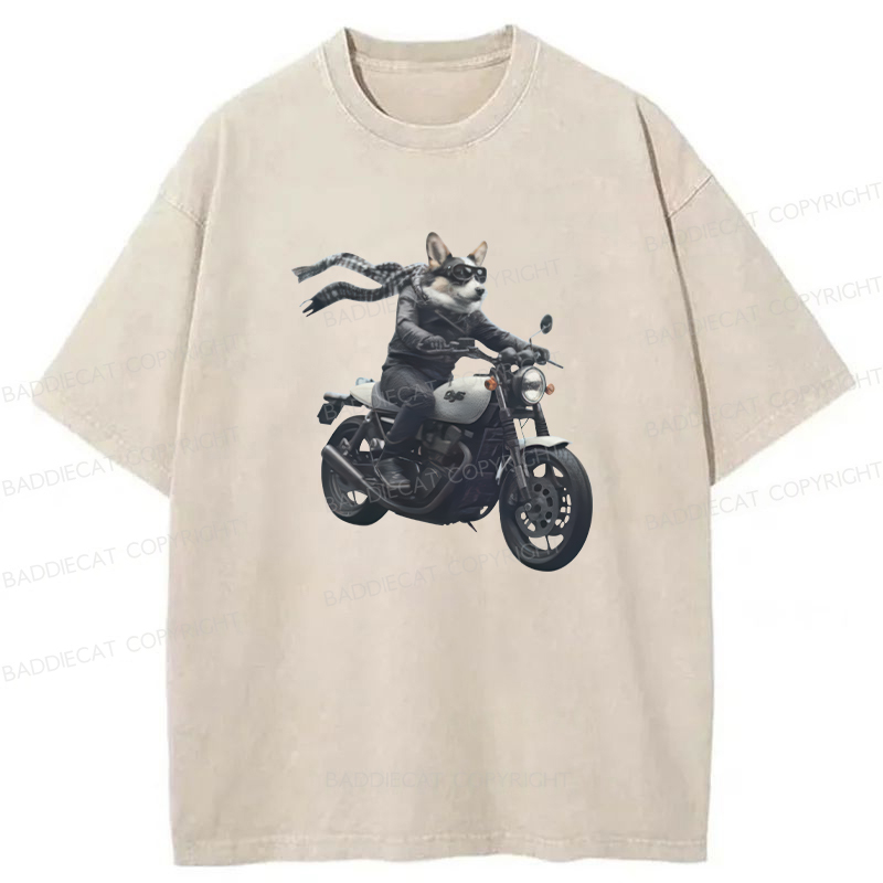 Baddiecat Corgi Biker Riding Motorcycle Washed T-shirt