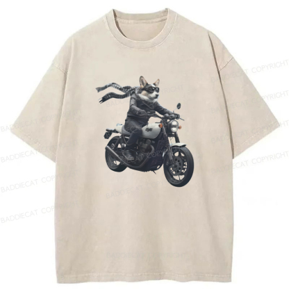 Baddiecat Corgi Biker Riding Motorcycle Washed T-shirt