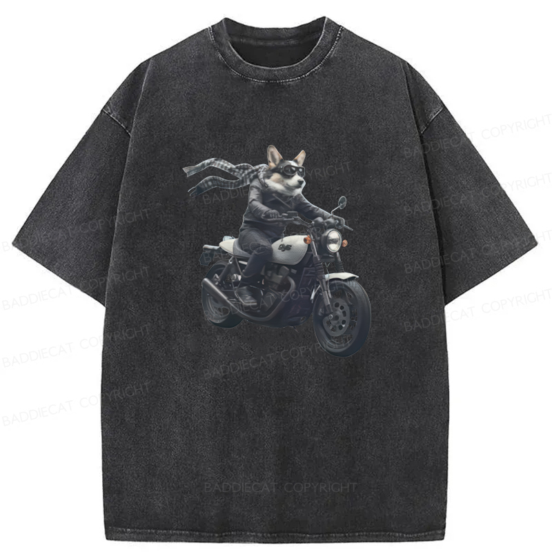 Baddiecat Corgi Biker Riding Motorcycle Washed T-shirt