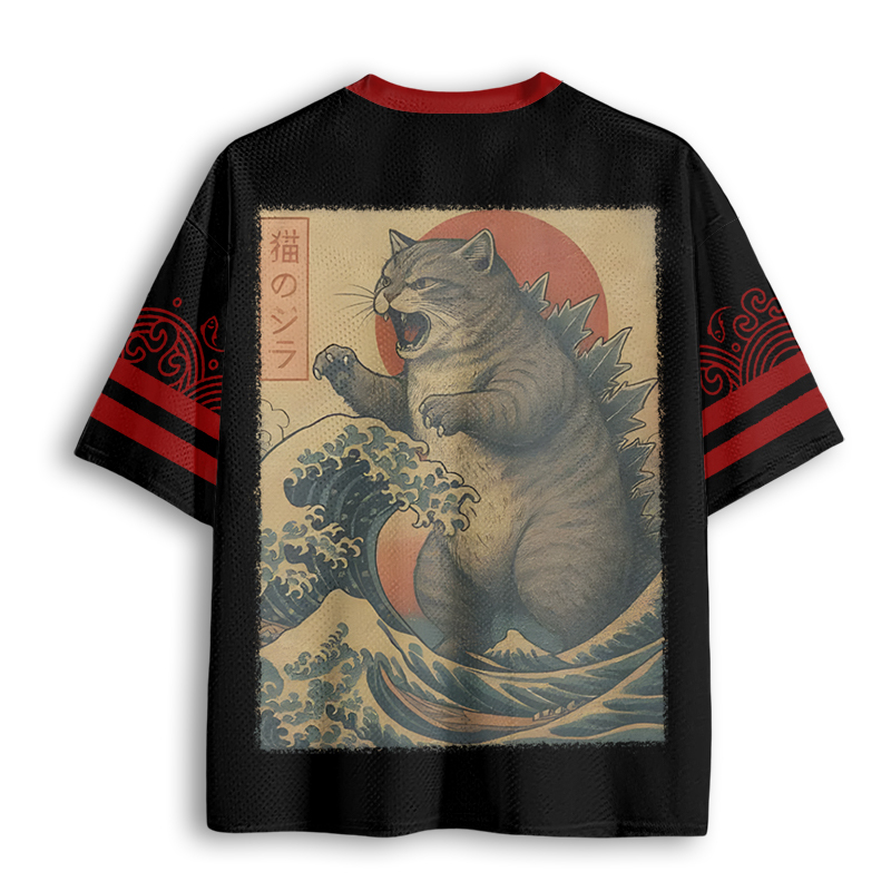 Baddiecat Japanese Wave Art Cat-Zilla Mesh Jersey