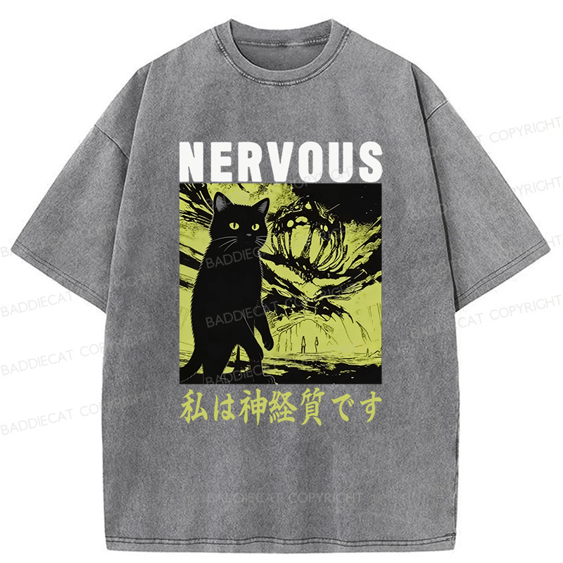 Baddiecat Nervous Cat Washed T-shirt