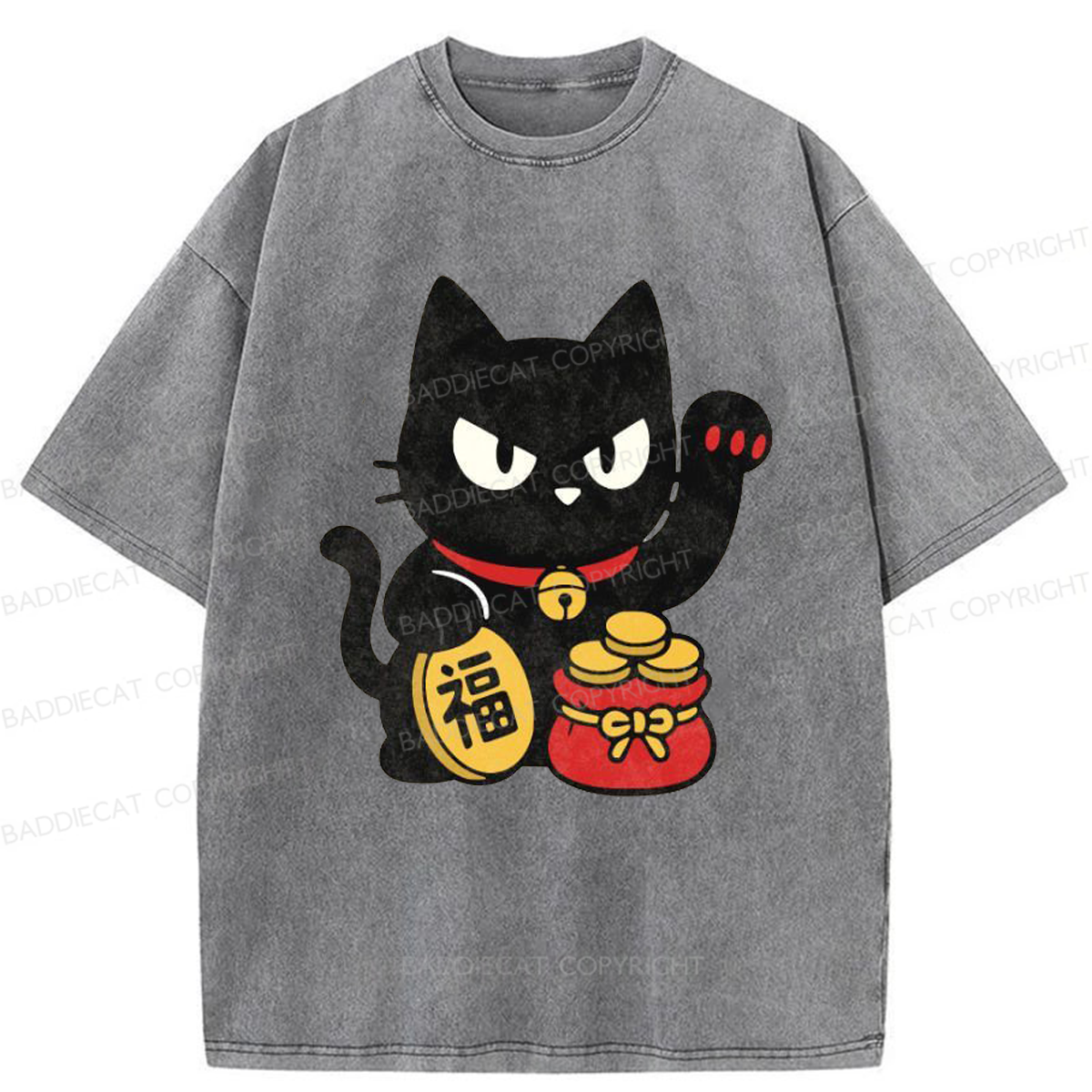 Baddiecat Japanese Lucky Black Cat Washed T-shirt