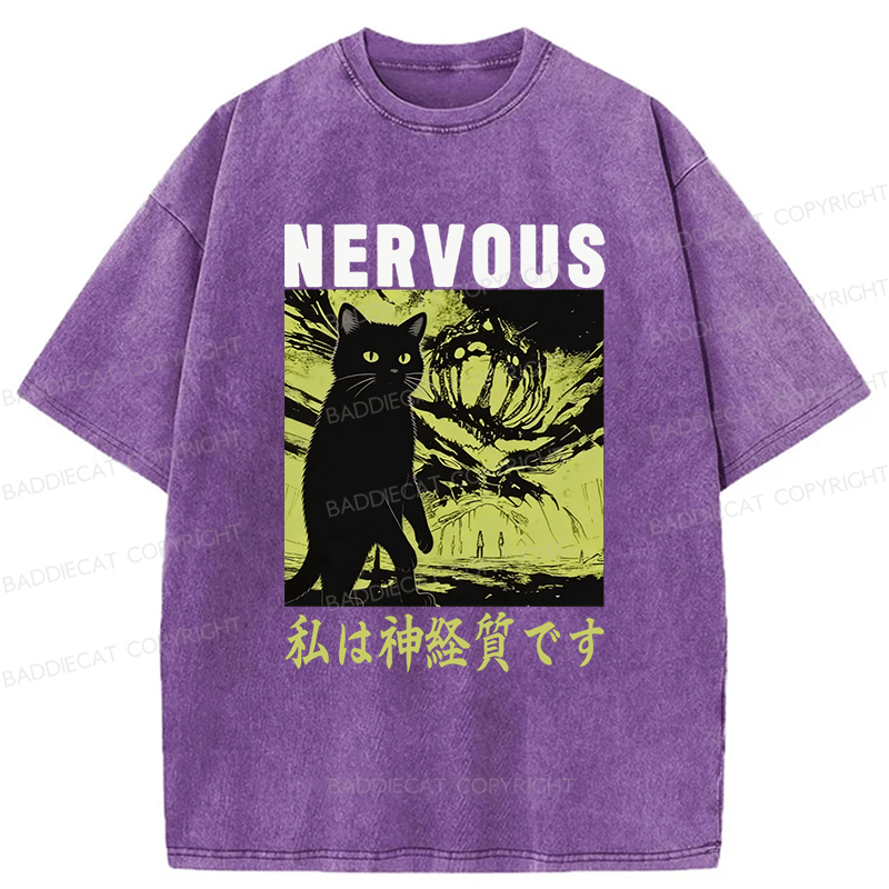 Baddiecat Nervous Cat Washed T-shirt
