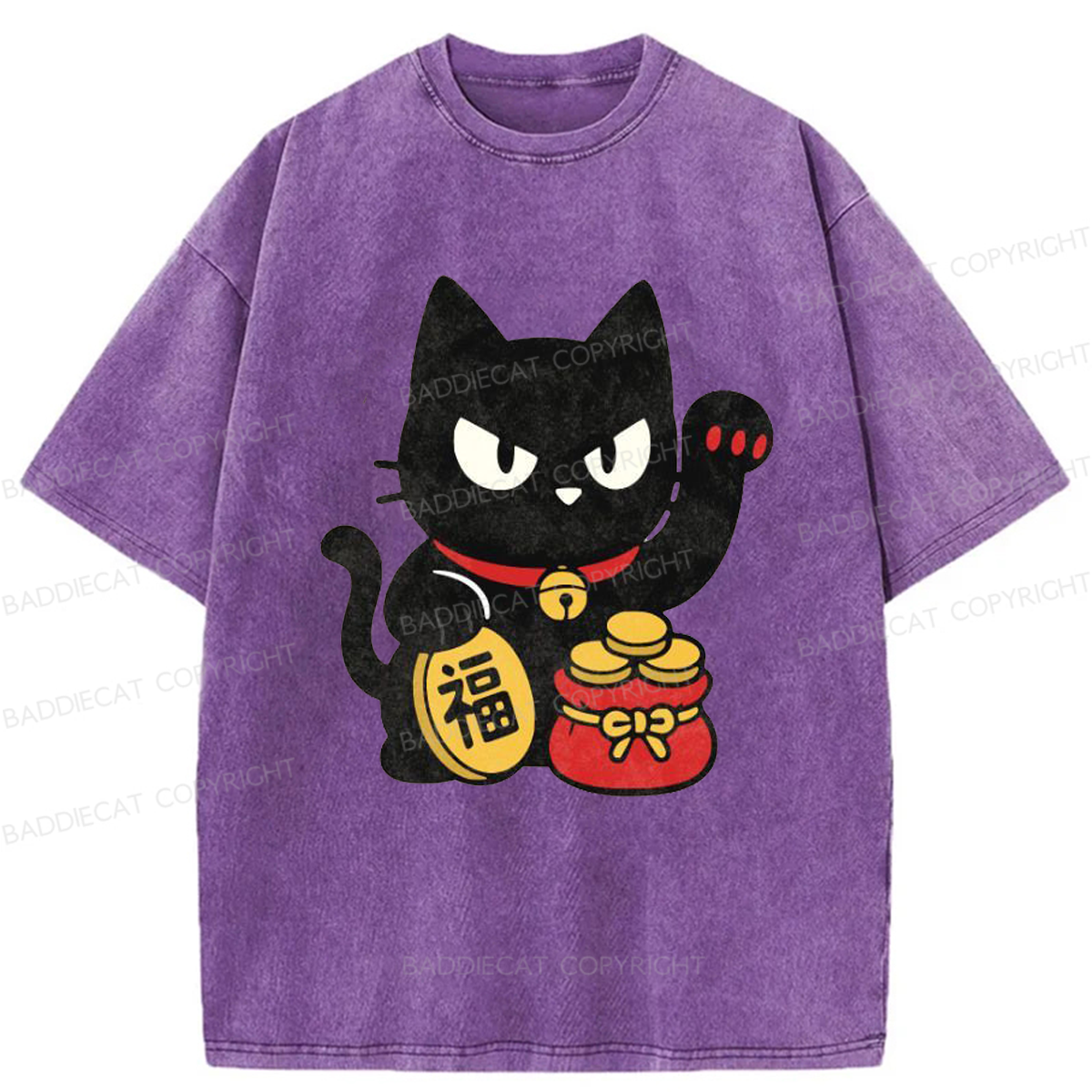 Baddiecat Japanese Lucky Black Cat Washed T-shirt