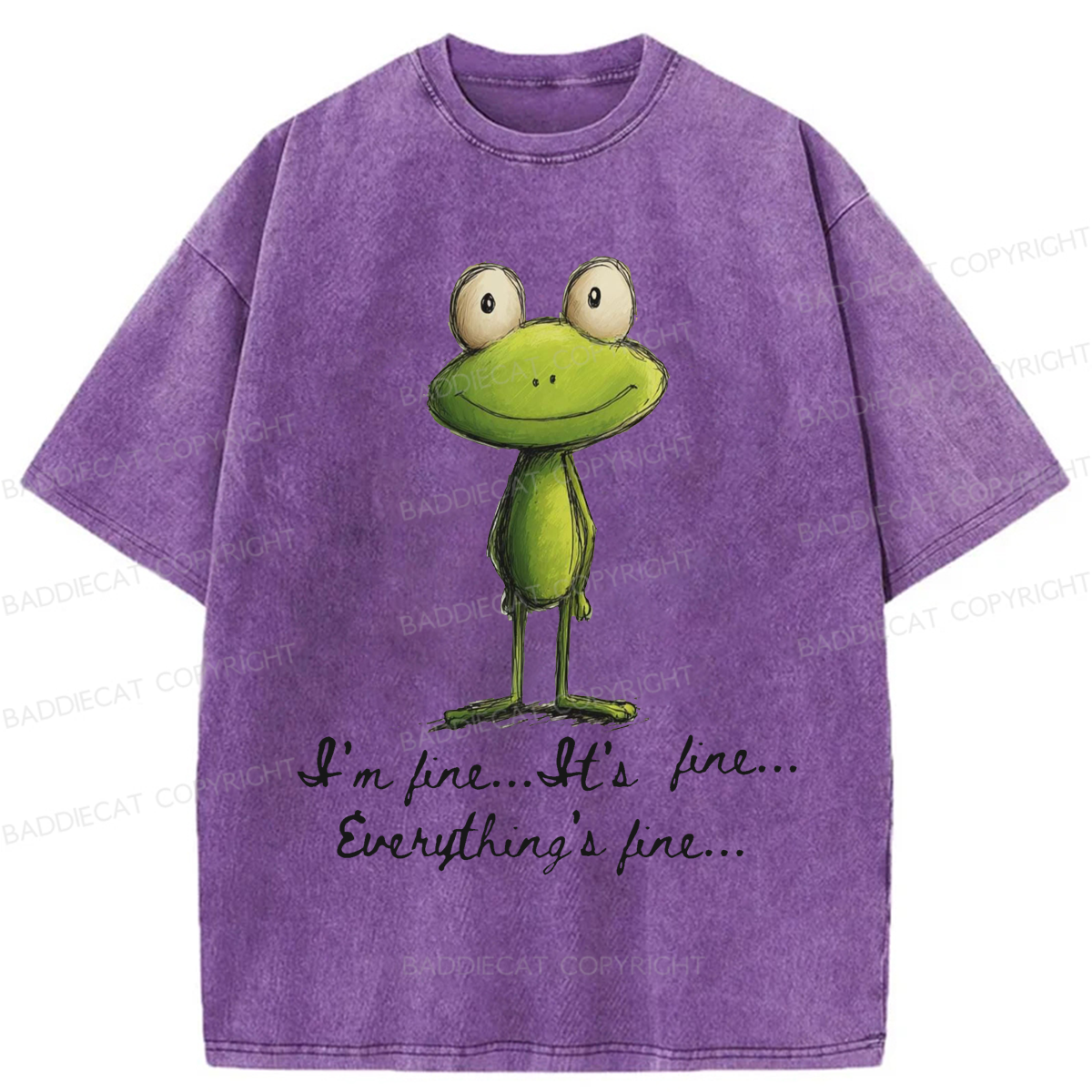 Baddiecat I'm Fine Funny Frog Washed T-shirt