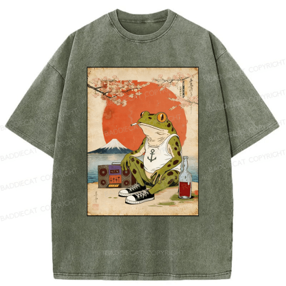 Baddiecat Japanese Style Frog Washed T-shirt
