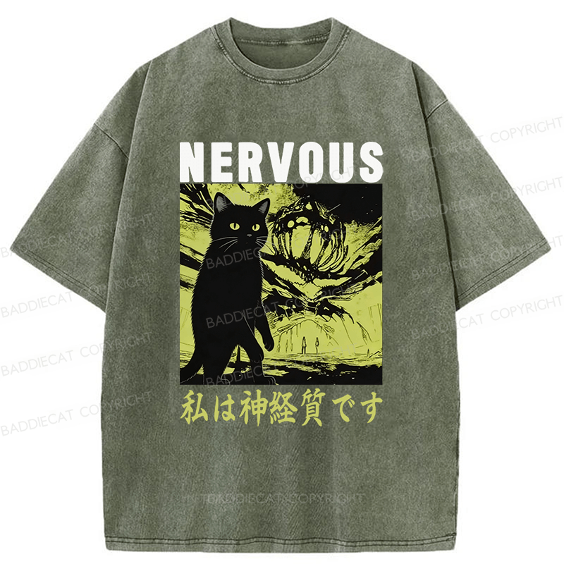 Baddiecat Nervous Cat Washed T-shirt