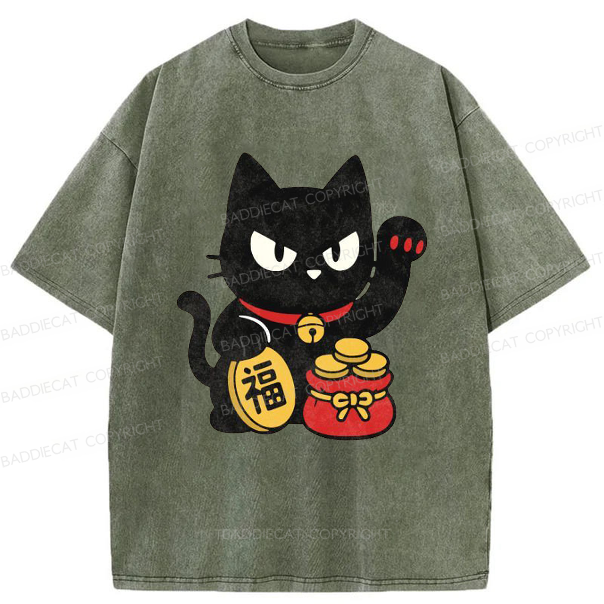 Baddiecat Japanese Lucky Black Cat Washed T-shirt