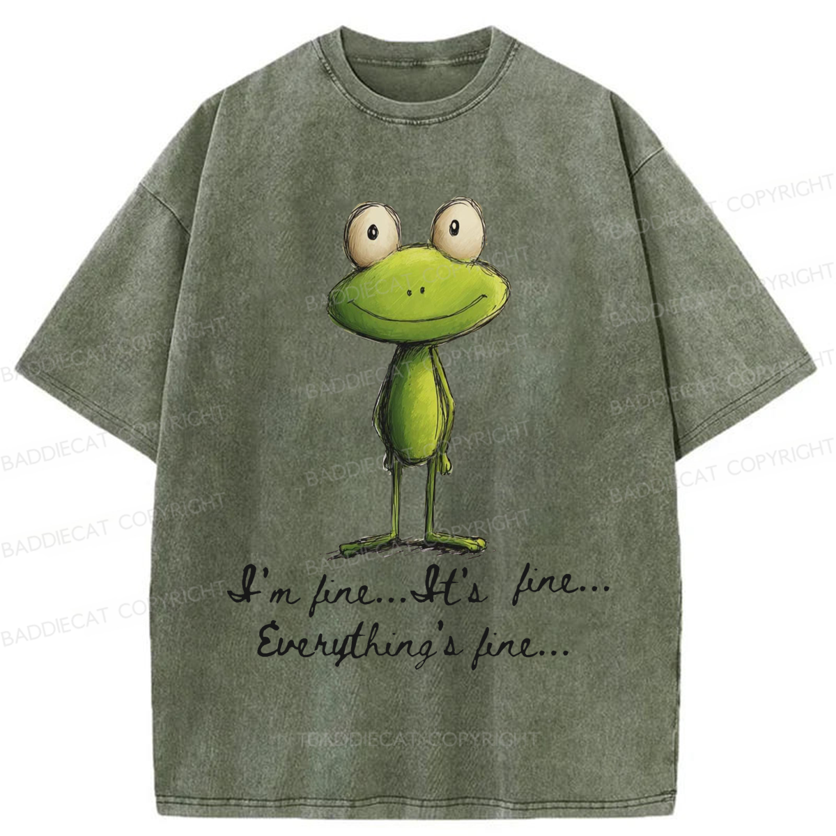 Baddiecat I'm Fine Funny Frog Washed T-shirt
