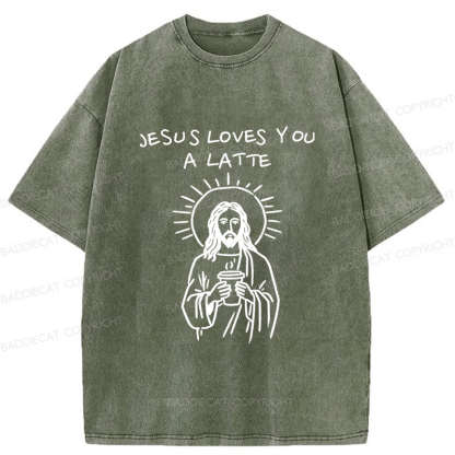 Baddiecat Funny Jesus Loves You A Latte Christian Coffee Humor Washed T-shirt